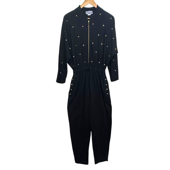 Vintage Large Bloomingdale’s Made in USA Cotton Black Zip Up Jumpsuit Gold Studs - Picture 2 of 8